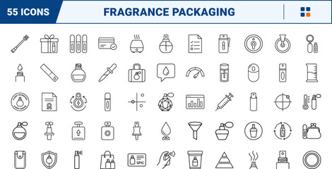 Naklejka premium Perfume Atomizer Spray line icon set. Vector pictograms of beauty, cosmetics, packaging, and travel elements, thin linear illustration.