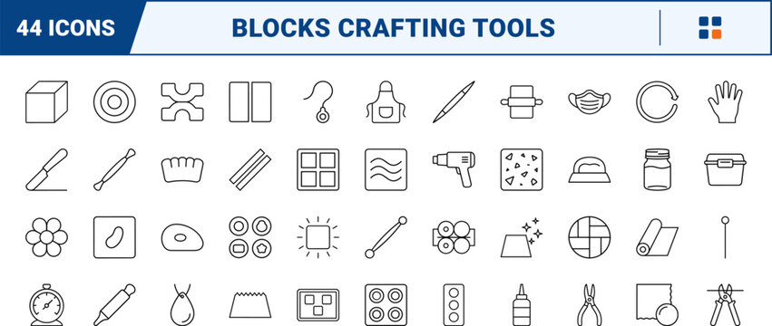 Polymer clay blocks crafting tools line icon set. Vector pictograms of craft, sculpting, cane, and skinner elements, thin linear illustration.