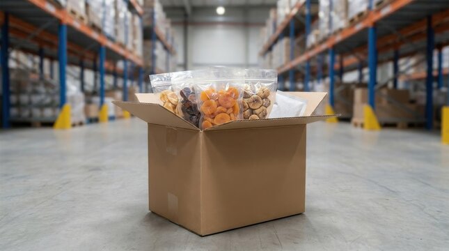 Cardboard box filled with pouches of dried fruit in a warehouse