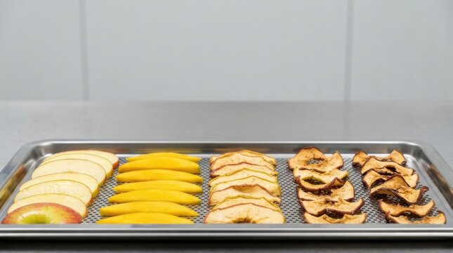 Sliced fresh and dehydrated fruit on a metal mesh dehydrator tray