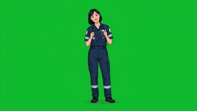 Female paramedic in uniform standing on a green screen background, ready to assist with medical emergencies.