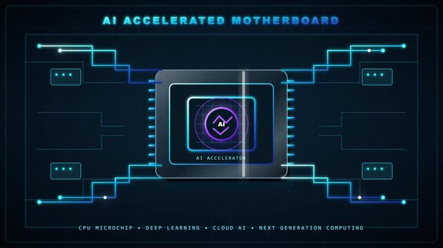 Artificial intelligence accelerated motherboard animation showing high speed data processing with glowing blue circuit lines on a digital video clip