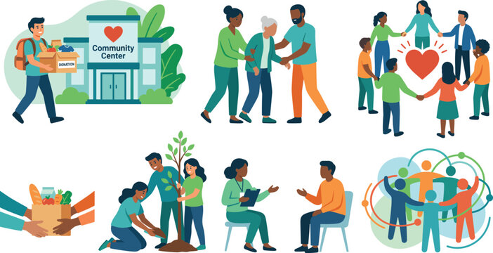 Set of flat vector illustrations depicting volunteers, community service, charity work, and social support activities