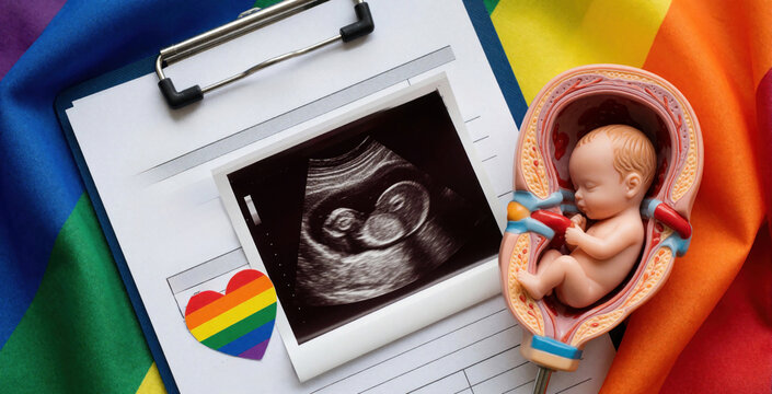 Medical documents show baby ultrasound and anatomical model fetus on rainbow flag background. Represents surrogacy options, family planning for LGBTQ couples, future parenthood dreams.