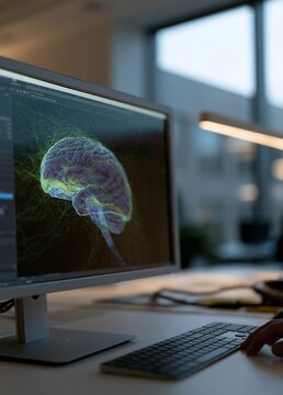 Computer monitor on a desk with a keyboard and mouse in front of it. on the monitor screen, there is an image of a human brain in green and pink colors.