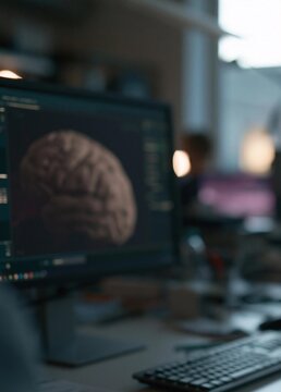 Computer monitor with a brain image on the screen. the monitor is placed on a desk with a keyboard and mouse in front of it.