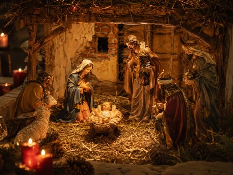 Traditionelle Weihnachtskrippe mit Jesuskind, Maria, Josef und Heiligen Drei K&ouml;nigen bei warmem Kerzenlicht. Religi&ouml;se Navidad-Szene in Spanien mit christlicher Weihnachtsbotschaft.
