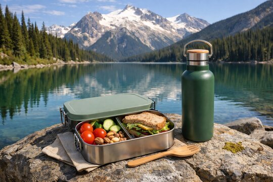 Stainless lunchbox and insulated bottle with sandwich and produce by an alpine lake for outdoor picnic background and travel meal design