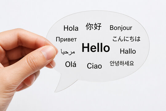 A hand is holding a speech bubble displaying various greetings in different languages like Hola, 你好, Bonjour, Привет, こんにちは, Hello, مرحبا, Hallo, Ol&aacute;, Ciao, and 안녕하세요.