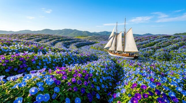 Surreal sailing vessel gliding through vibrant blue morning glory flower field under clear sunny skies with classic wooden sailboat navigating through sprawling sprawling wavy landscape imagination