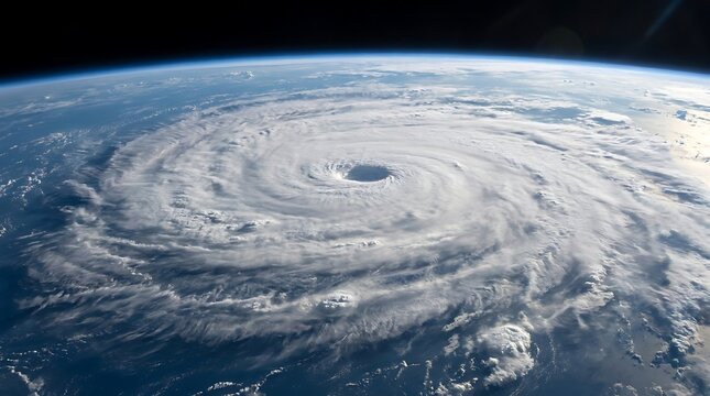 Satellite view of a massive hurricane storm system spinning over the blue earth ocean and atmosphere with hurricane