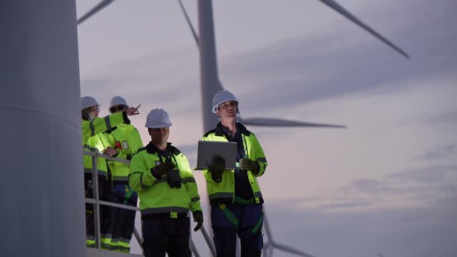 Engineers wearing safety helmets and jackets inspecting a wind turbine at wind farm at sunset. Concept renewable energy, sustainable technology wind power maintenance and environmental engineering.