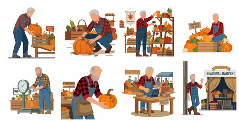 Fototapeta premium Elderly farmer character set selling pumpkins at local autumn harvest market vector illustration
