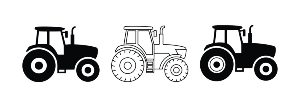 Farm tractor icon set featuring silhouette and outline styles isolated on white background for agriculture, farming and machinery designs.
