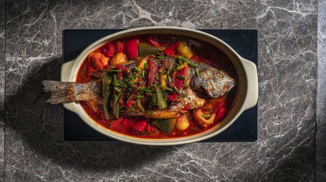 Overhead view of a white bowl containing a whole fish covered in red sauce, placed on a black surface with a gray marble countertop background.