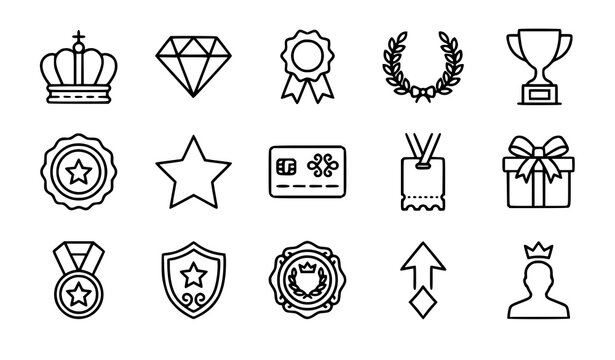 VIP status and exclusive privilege line icon set with crown diamond trophy ribbon and premium awards vector