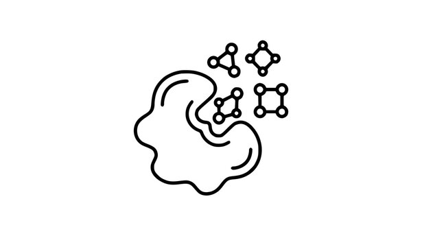 Enzyme substrate reaction line icon with active site and molecular biology science vector symbol