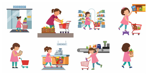 Fototapeta premium Cute Little Girl Character Shopping in Grocery Store Vector Illustration Set