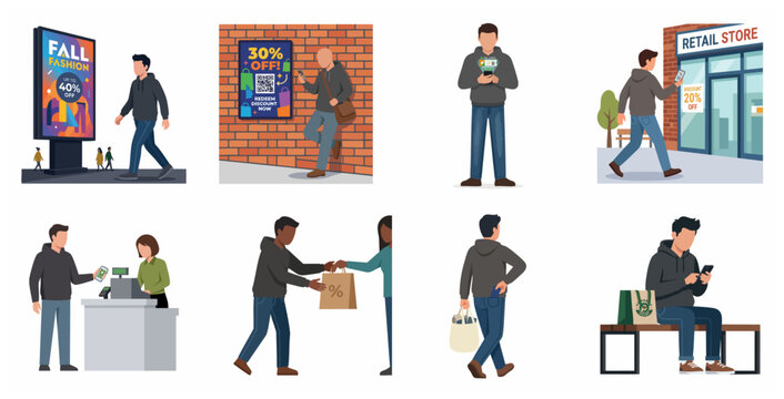 Flat Vector Illustration Set of a Man's Modern Retail Shopping Journey Using Smartphone for QR Code Discounts and Contactless Payments