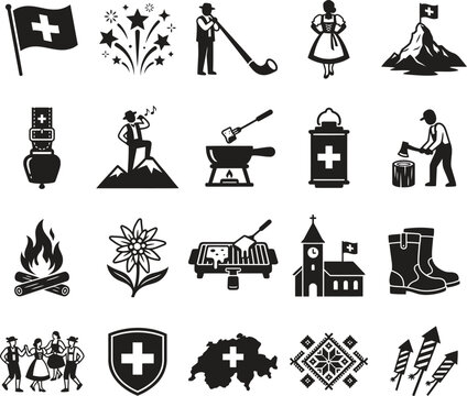 Swiss culture icon set, 20 black vector symbols of Switzerland. Traditional alpine heritage elements, travel and tourism graphics.