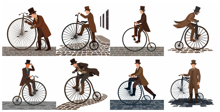 Collection of Victorian Gentlemen Riding Vintage Penny Farthing Bicycles on Cobblestone Streets