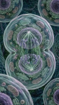 Eukaryotic cell division process demonstrating mitosis during anaphase, sister chromatids separating along spindle fibers, visible mitochondria and organelle structures inside cytoplasm.
