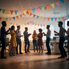Naklejka premium Diverse coworkers celebrate with confetti falling in decorated office. People clap, smile, and hold drinks. Team enjoys festive gathering, office party.