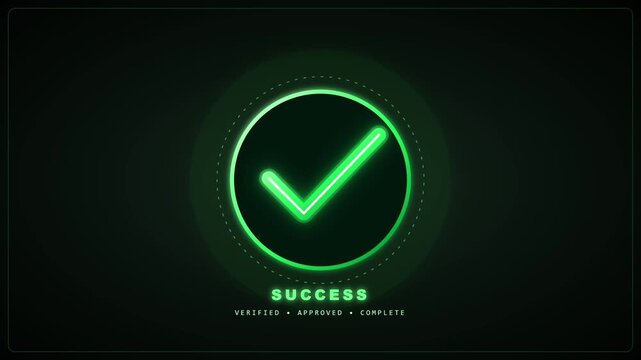 Glowing green checkmark animation displays status update on digital screen during this high tech interface motion graphics video clip