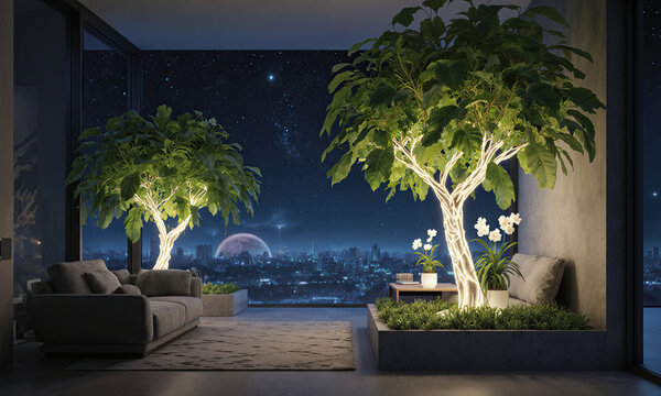 Bioluminescence futuristic interior features glowing trees in a luxury penthouse overlooking a night cityscape and moon