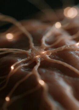 Close-up of a group of neurons. the neurons are arranged in a radial pattern, with each neuron having a unique shape and size.