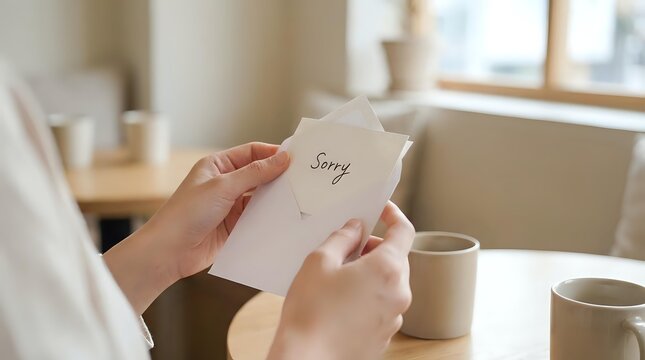 Person holding apology note with sorry text written on white card