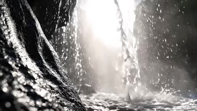 Waterfall streams through a dark rocky cave illuminated by bright sunlight above.