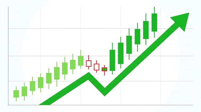 Stock market growth and bullish trend chart with rising green candlesticks and arrows symbolizing financial success, investment profits, and economic recovery