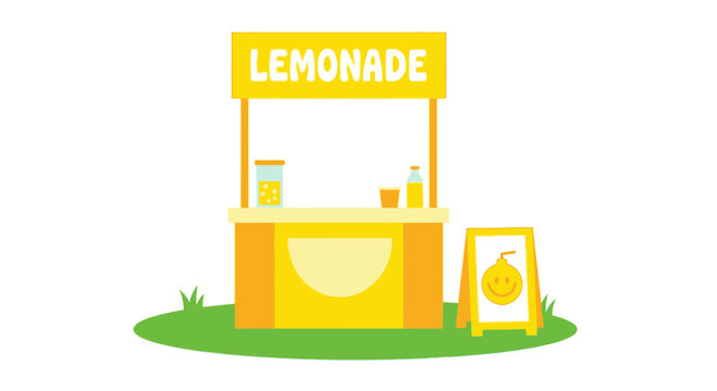 Yellow lemonade stand illustration with glasses and a sign on white background