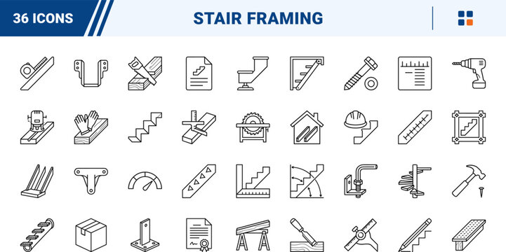 Stair stringer steps line icon set. Vector pictograms of construction, carpentry, staircases, and building elements, thin linear illustration.