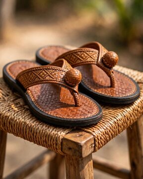 
Handwoven leather thong sandals with braided ball detail on rattan stool, artisan craftsmanship