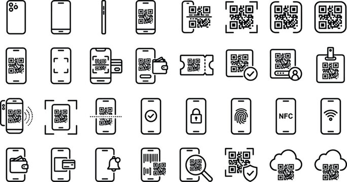 QR code and smartphone vector icon set featuring digital payment wallets, barcode scanners, security locks, tickets, and minimalist linear style mobile tech outlines.