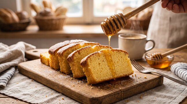 Fresh golden sponge cake slices drizzled with honey on rustic wooden board in warm sunlight for food marketing