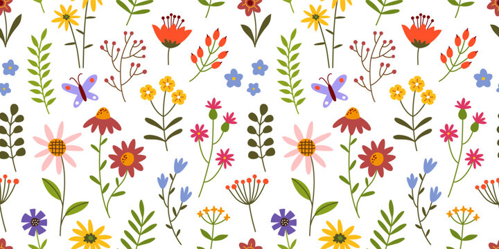Seamless pattern with tiny field flowers on white background. Spring or summer floral vector illustration.