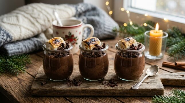 Three glass jars of gourmet chocolate dessert topped with nuts and caramel on rustic wooden tray, Cozy holiday dessert setting with rich chocolate mousse in elegant glass jars