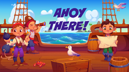 Cartoon cute kids pirates on wooden ship deck with treasure map at Caribbean sea. Kids pirates crew characters on sailboat, funny boy captain and sailor with spyglass and girl skipper with cannonball