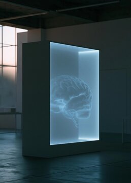 Large white cube-shaped sculpture of a human brain in a dark room with a large window on the left side.