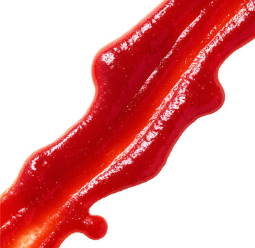 Closeup of glossy ketchup smear isolated on white background with clipping path, concept of condiments and cooking
