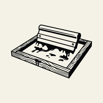 Vintage Hand drawn Screen Printing Squeegee and Wooden Frame Graphic Illustration