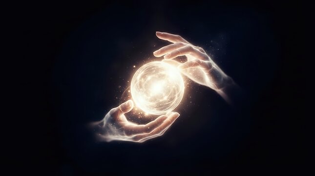Hands holding glowing orb of light energy against dark background