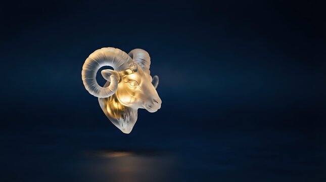 Golden ram head sculpture with curved horns glowing against dark blue