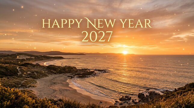 A beautiful coastal beach at sunrise with gentle waves rolling onto sandy shores framed by green shrubbery along rocky cliffs and luminous text overhead presenting a Happy New Year 2027 greeting
