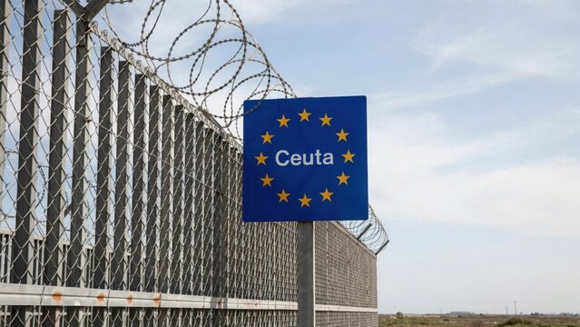 Ceuta border fence with European Union sign and barbed wire security barrier