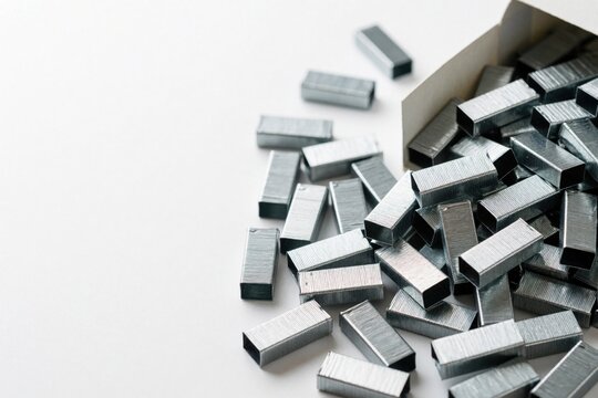 Silver metal spill out from open white cardboard box onto plain surface. Shiny steel fasteners pile up near stationery supply container. Macro view shows pile of small metal pins for office stapler