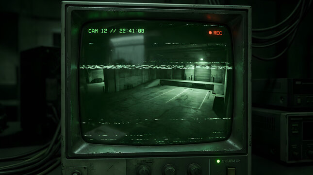 Old analog surveillance monitor with a grainy green crt screen displaying a live security camera feed with static glitching lines in a dark control room retro security technology